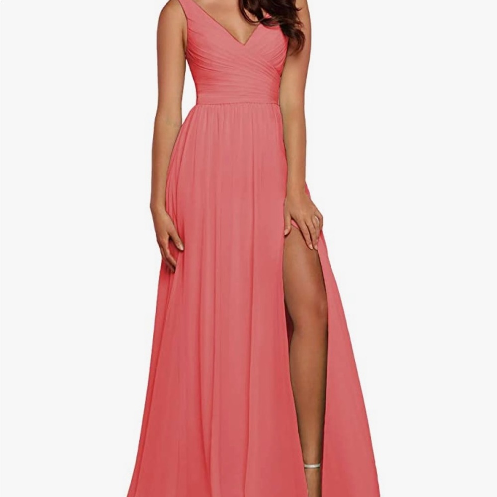 Coral vneck bridesmaid dress with corset back and long slit.